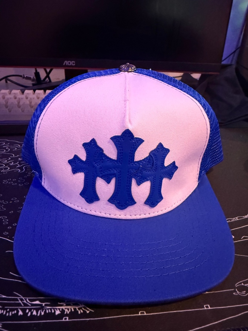 Chrome Hearts Blue & White CH Cross Trucker Hat – Mesh Snapback